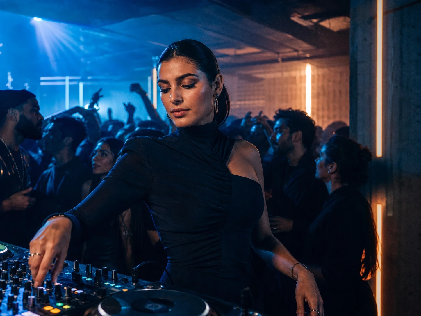 Middle Eastern woman DJ performing in a Berlin club