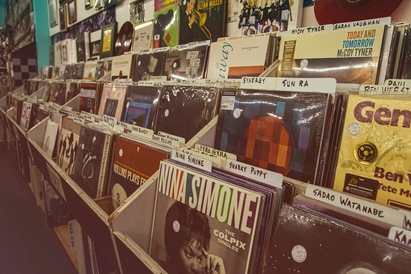 Wall of soul and jazz vinyl records in a record store