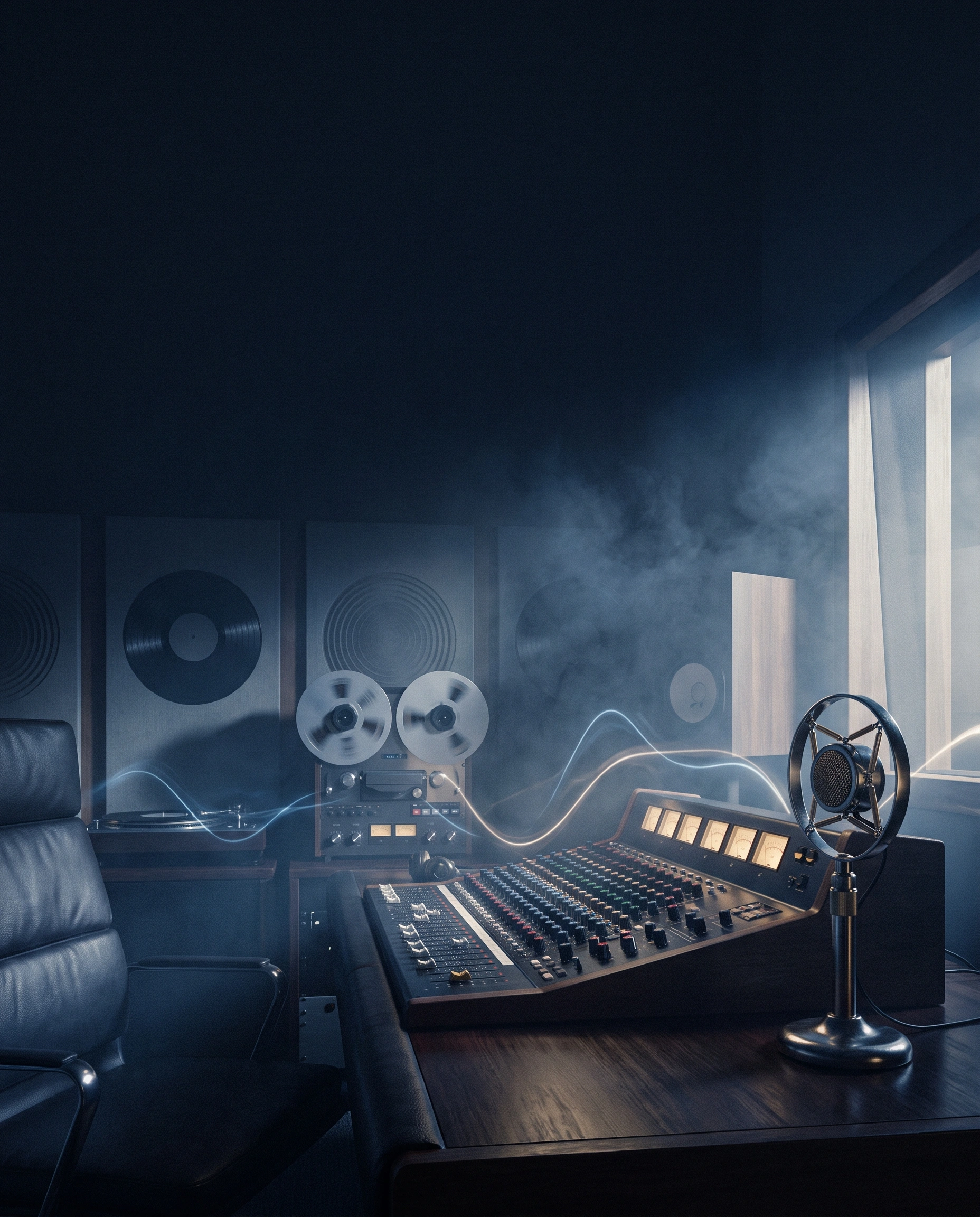Cinematic recording studio with an analog console, reel-to-reel deck, and microphone