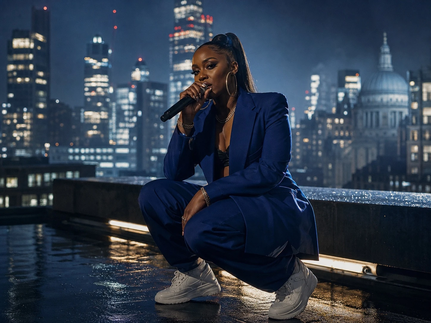 Black woman rapper performing on a London rooftop