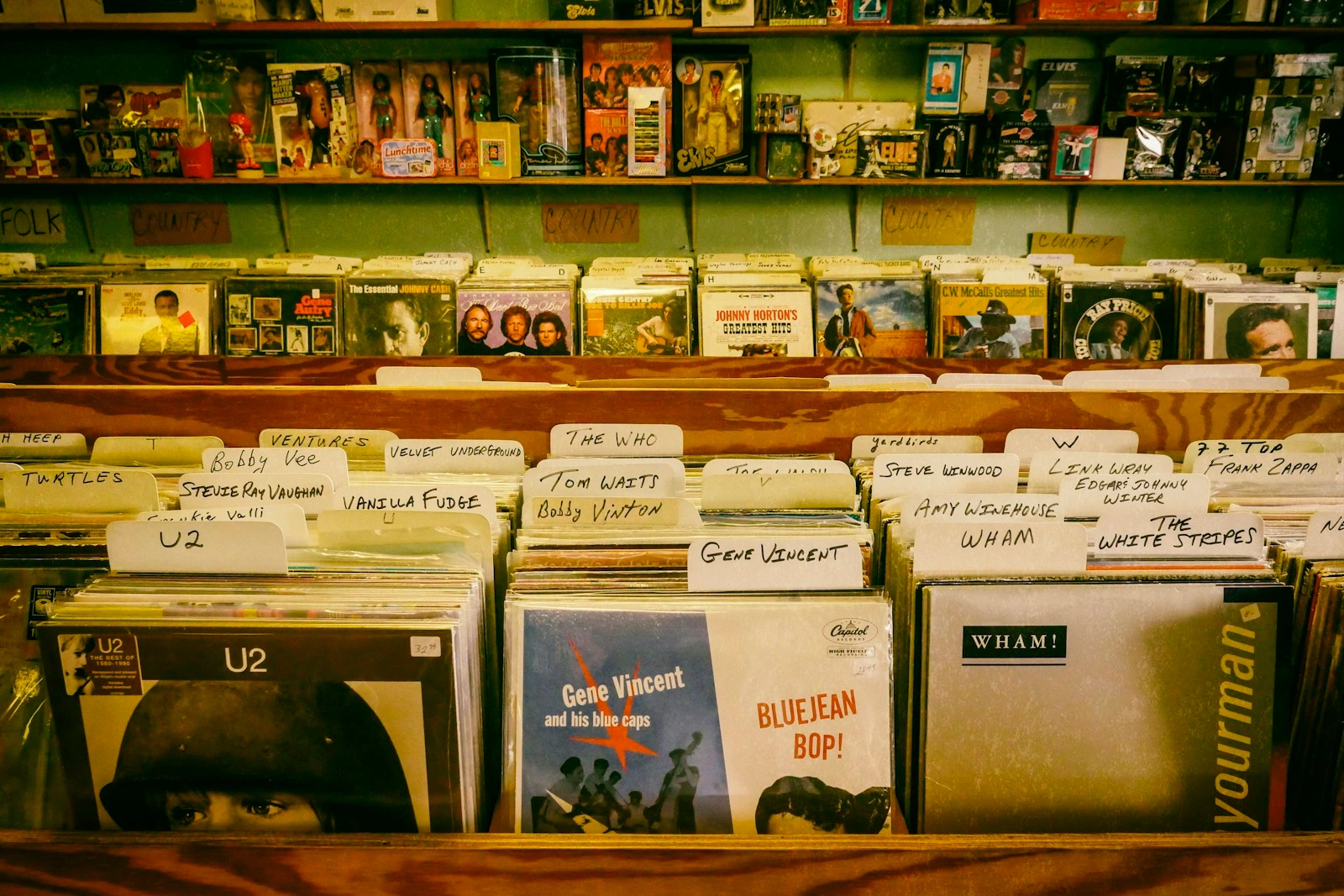Crates of records at a classic record store